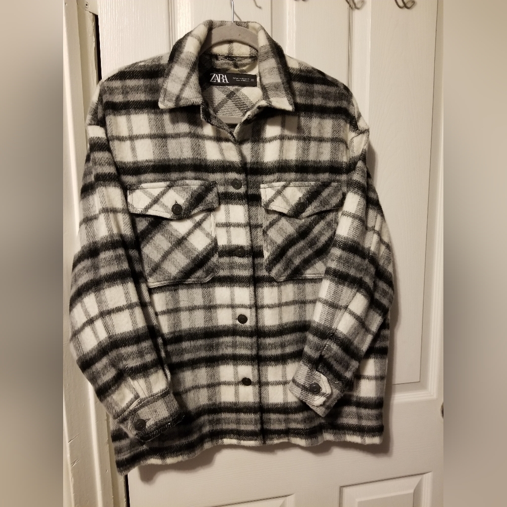 Zara Wool Blend Plaid Overshirt White/Black Size XS - Picture 5 of 13
